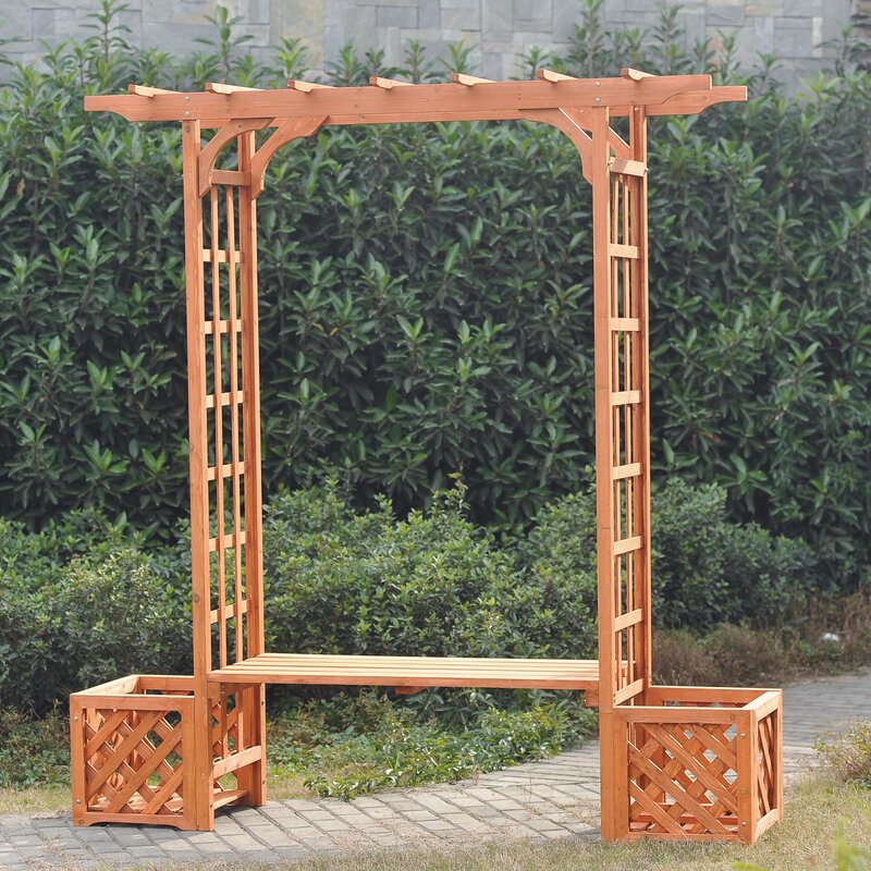 cedar arbor with benches and planter boxes outdoor rooms